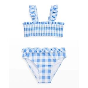 Ralph Lauren Baby Girl's Gingham Ruffle Smocked Bikini‎ Set Blue White Size 18 M